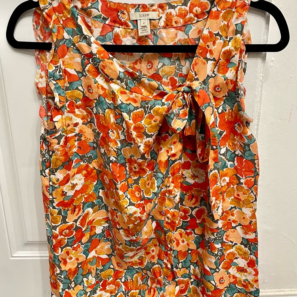 J. Crew 100% Silk Orange & Green Floral Sleeveless Wrap Blouse (Size 4)